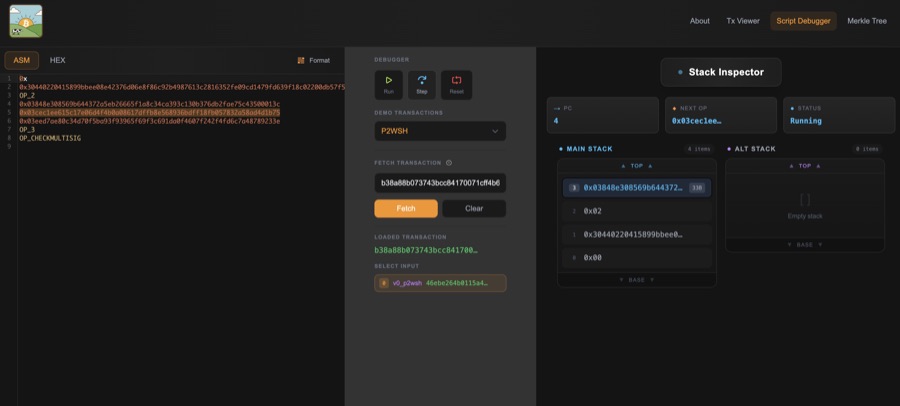 Screenshot of Bitcoin Script Debugger