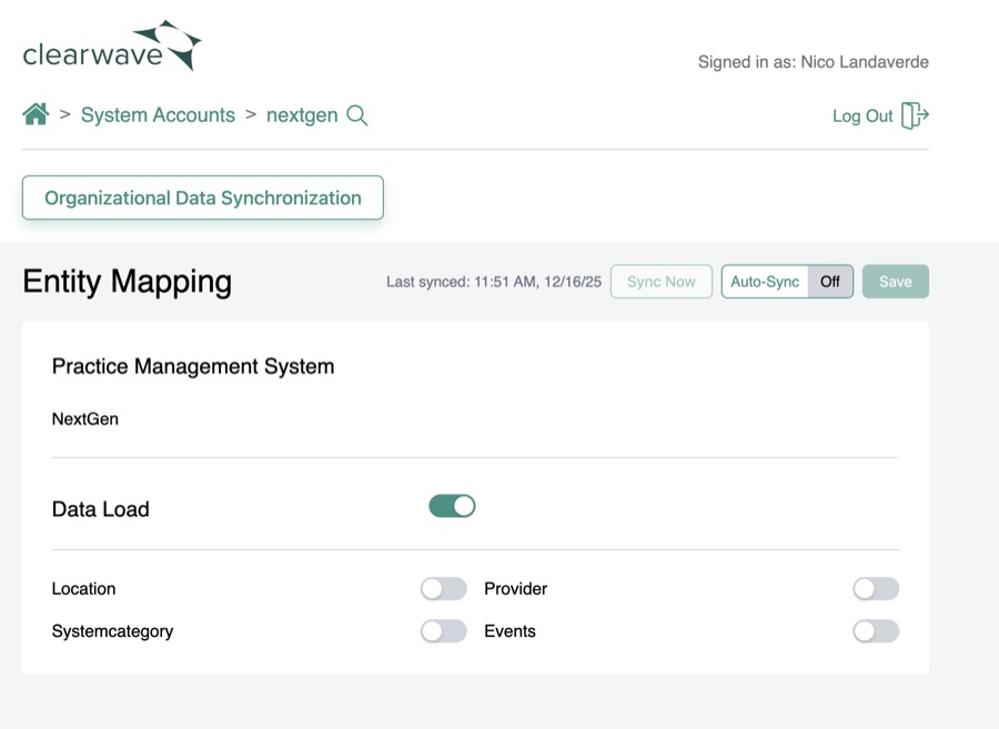 Screenshot of the ETL entity mapping and sync status dashboard